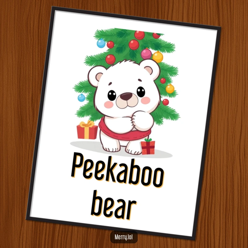 Funny Polar Bear Poster showcasing a surprised character peeking from behind a Christmas tree, a delightful piece of wall art for holiday decor.