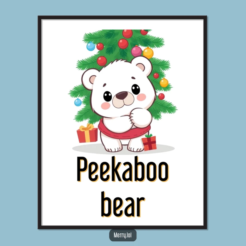 Funny Polar Bear Poster - Whimsical Surprised Peek Christmas Wall Art