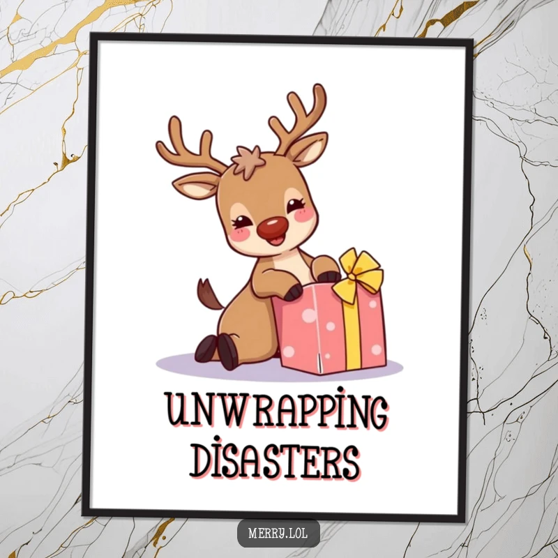 Funny poster: A giggling reindeer with sparkly antlers comically trips over a present, capturing a moment of pure holiday chaos and amusement.