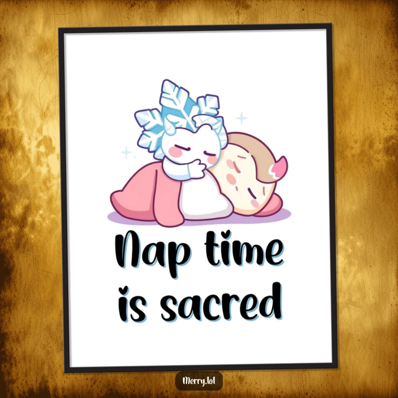 Funny Snowflake Tickle Poster: Mischievous snowflake tickling a sleeping figure, conveying lighthearted winter fun. Wall decor.