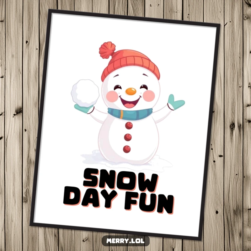 Funny Poster of a playful snowman character in a dynamic, joyful pose, mimicking a snowball fight, ready for fun.