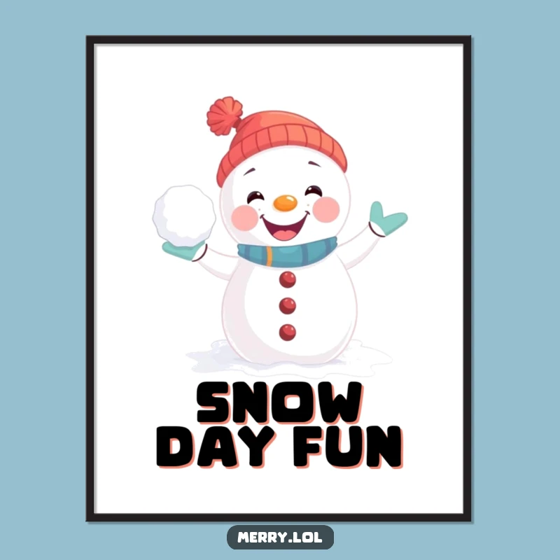 Funny Snowman Poster: Joyful Snowball Fight Pose, Winter Wall Art