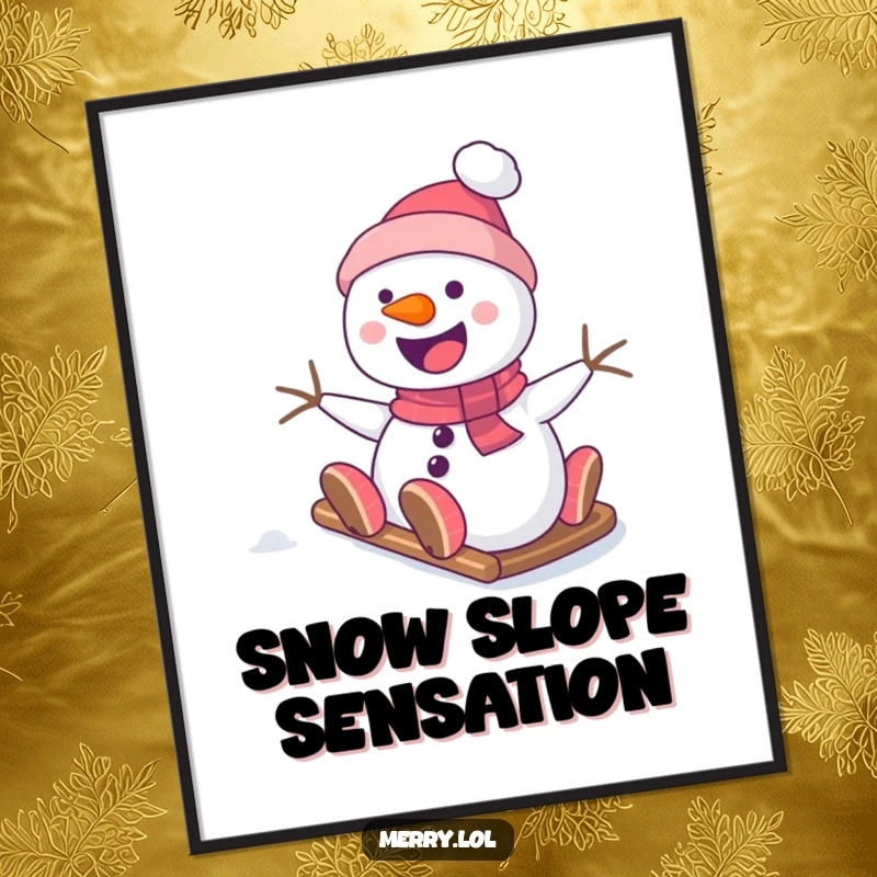 Funny Snowman Poster showcasing a happy character sliding down a snowy hill, a delightful piece of wall art for winter lovers and holiday decor.