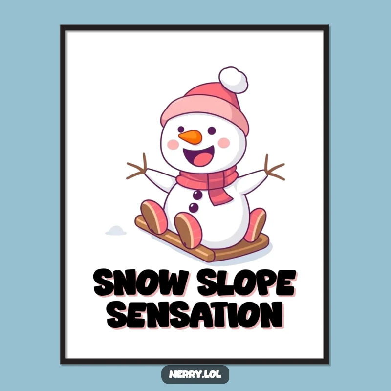 Funny Snowman Poster - Whimsical Sliding Character Winter Wall Art