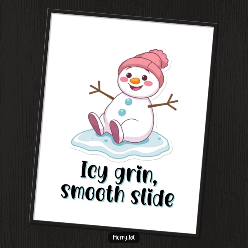 Funny poster of a grinning snowman character comically slipping on a slick ice surface, capturing a moment of winter amusement.