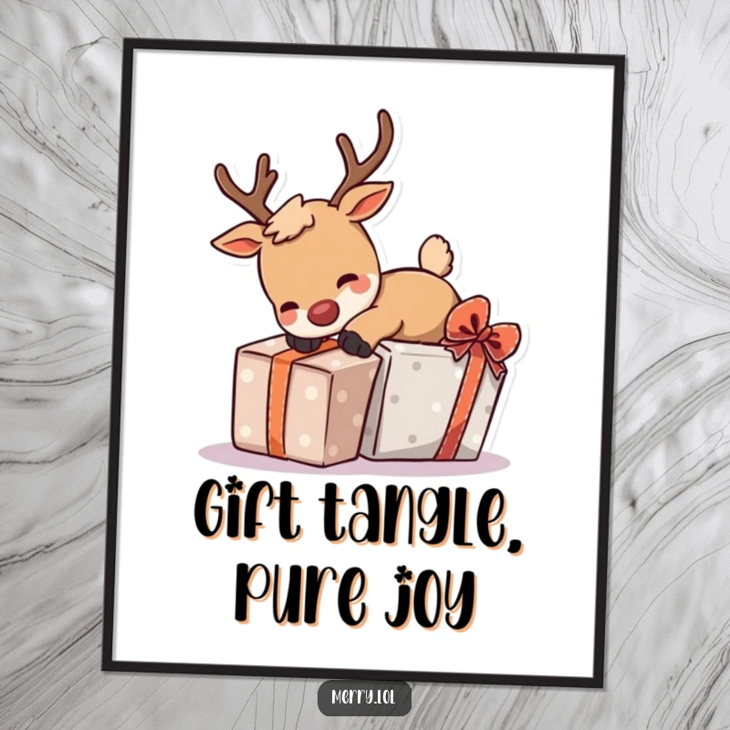 Funny poster of a playful reindeer character comically tripping over a holiday gift, creating a humorous festive scene.