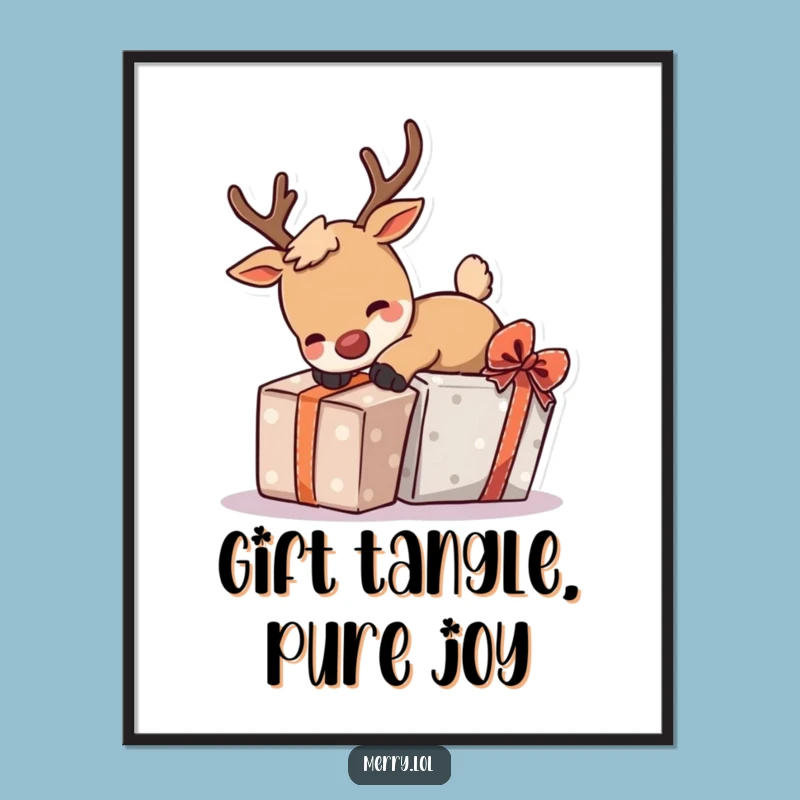 Funny Tripping Reindeer Art Poster - Playful Holiday Scene Decor