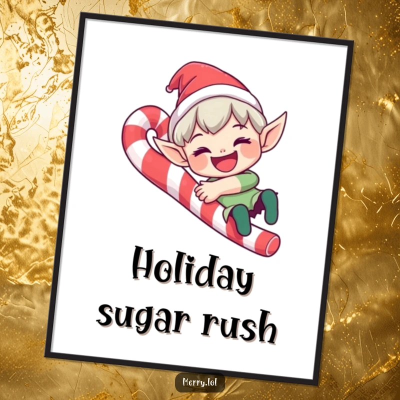 Funny elf poster art with a character sliding down a candy cane with a wide grin, adding whimsical wall decor.