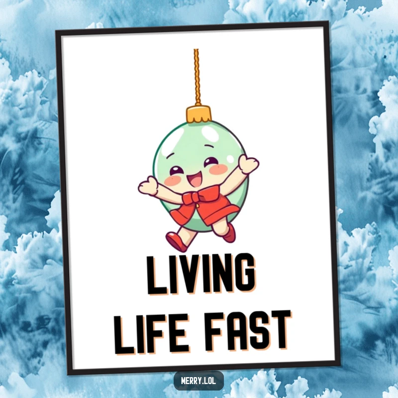 Funny poster featuring a delighted Christmas ornament character in a dizzying spin, embodying holiday excitement.