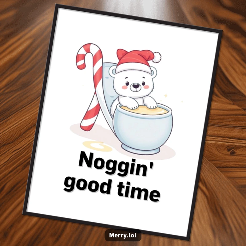 Funny poster print of a baby polar bear sliding down a candy cane into a bowl of eggnog, capturing playful winter delight.