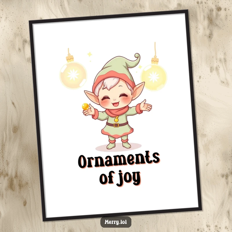 Funny Elf Poster showcasing a giggling character juggling glowing ornaments, a delightful piece of wall art for holiday decor and festive spaces.