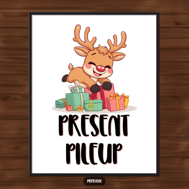 Funny poster print of a cute reindeer character mid-trip over presents, wearing a wide, goofy grin, celebrating holiday mishaps.
