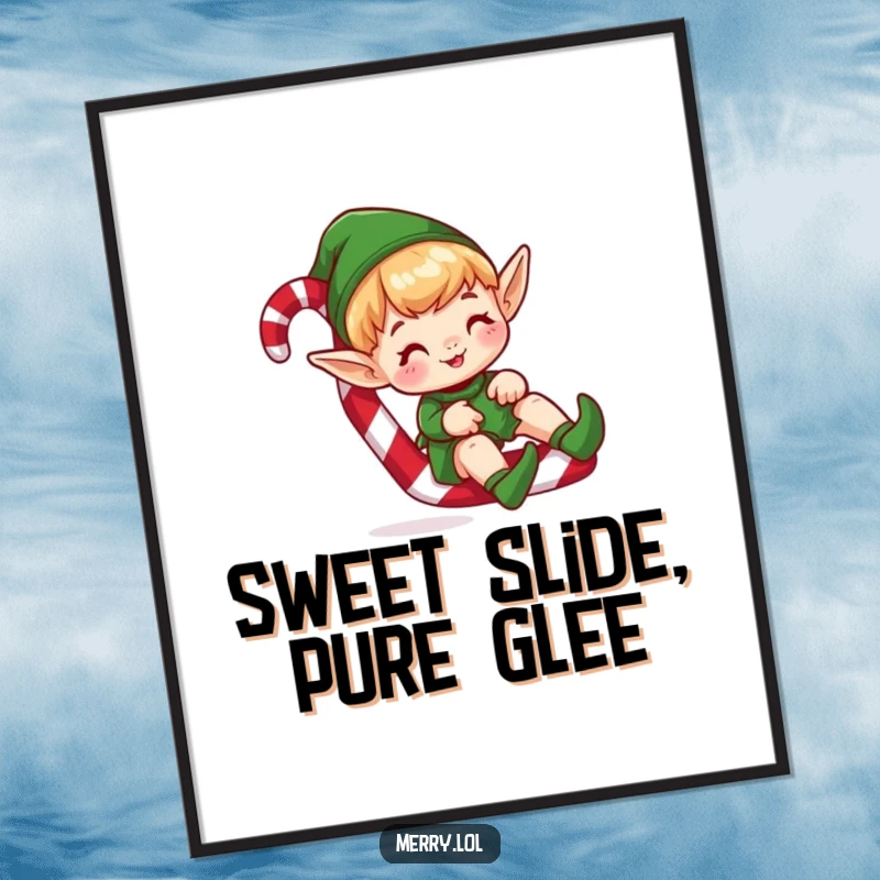 Funny poster of a cute elf character joyfully sliding down a large candy cane, creating a whimsical festive scene.