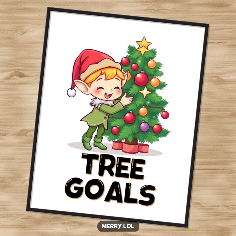 Funny Poster of a cute elf character gleefully decorating a Christmas tree with sparkling ornaments and festive joy.