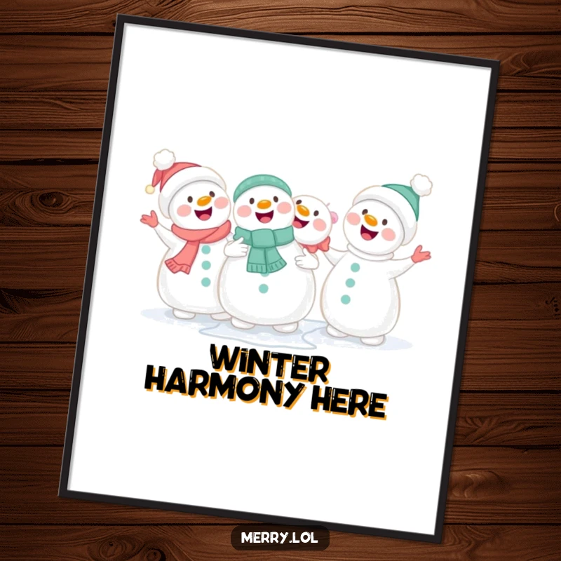 Funny cute snowmen holding hands and singing joyfully on a poster, capturing the essence of winter togetherness.