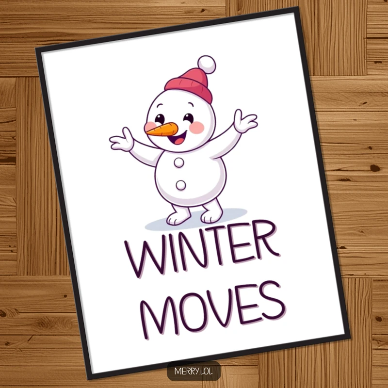 Funny snowman poster art with a character performing a clumsy jig and a carrot nose, adding whimsical wall decor.