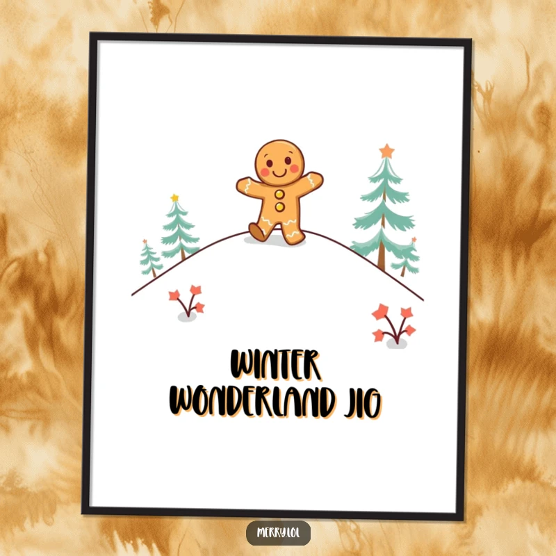 Funny gingerbread man poster showing a happy character doing a jig on a snowy hill, ideal for festive wall decor.