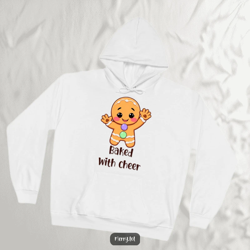 Funny hoodie: A smiling gingerbread man offers a cheerful wave, complete with a candy button detail, radiating holiday warmth.