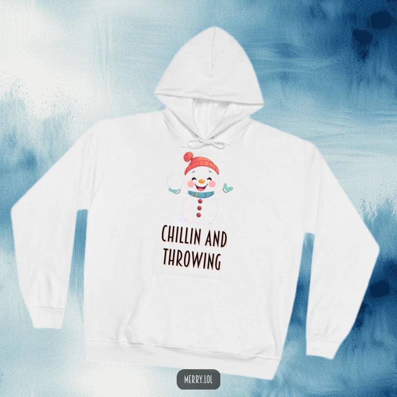Funny Hoodie featuring a playful snowman character in a joyful pose, geared up for an epic snowball fight.