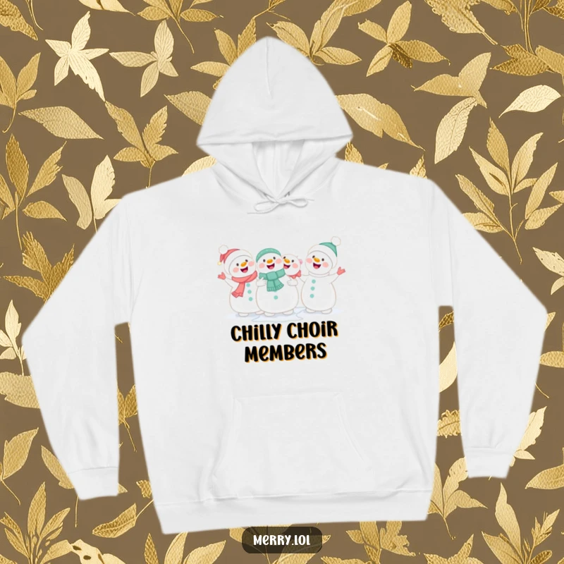 Funny cute snowmen holding hands and singing joyfully in a hoodie, perfect for cozy winter days.