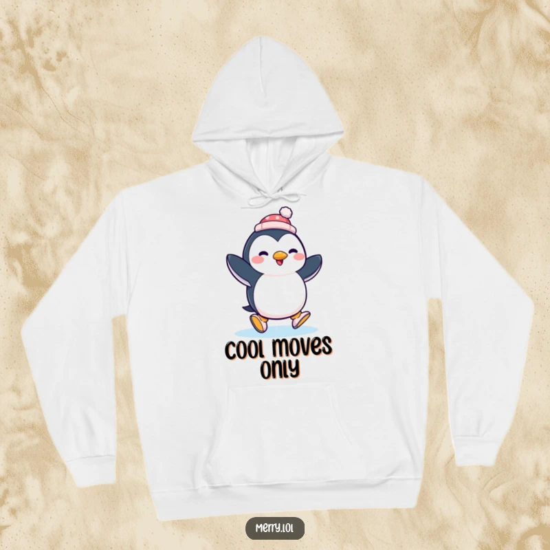 Funny penguin ice skating in a cozy hoodie, complete with a tiny hat, showcasing pure winter delight and humor.
