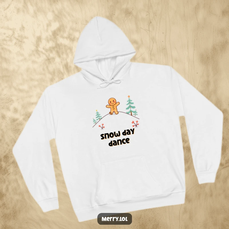 Funny gingerbread man hoodie showing a happy character doing a jig on a snowy hill, perfect for cozy holidays.
