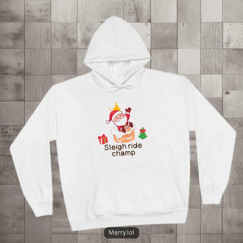 Funny Santa hoodie depicting Santa Claus joyfully sliding down a chimney with a wink, ensuring cozy holiday laughs.