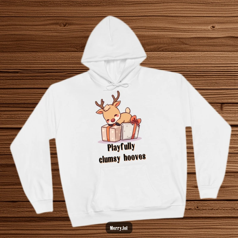 Funny hoodie showing a playful reindeer character hilariously tripping over a holiday gift, radiating festive amusement.