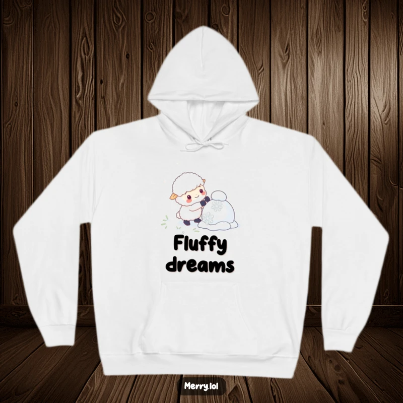 Funny hoodie featuring a fluffy sheep character using massive snowflakes to build a snowman, showcasing winter creativity and humor.
