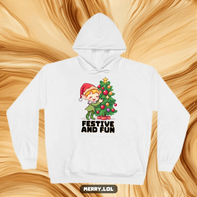 Funny Hoodie featuring a cute elf character gleefully decorating a Christmas tree with sparkling ornaments and holiday cheer.