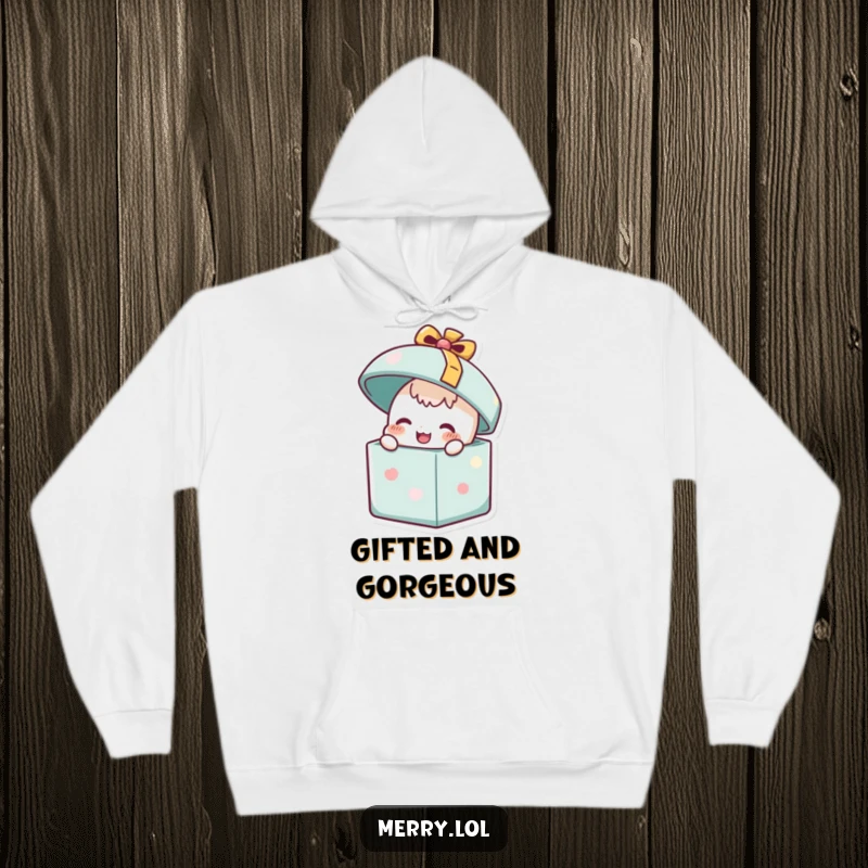 Funny Happy Present Hoodie: A cheerful gift character, lid flying open in excitement. Warm, comfortable, and funny.