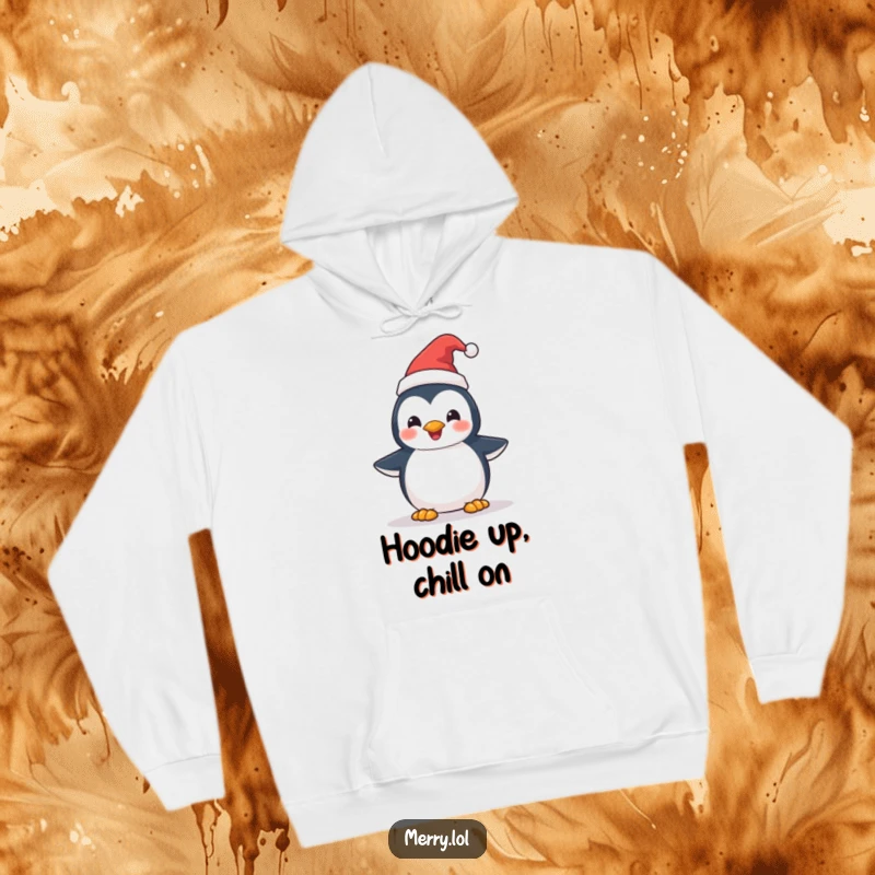 Funny Penguin Santa Hat Hoodie: A happy penguin character wearing a miniature Santa hat, looking absolutely thrilled. Cozy holiday wear.
