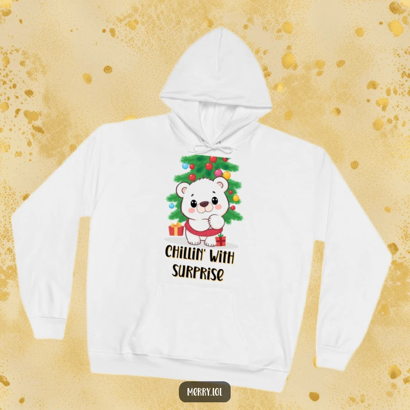 Funny Polar Bear Hoodie featuring a surprised character peeking from behind a Christmas tree, designed for ultimate comfort and holiday fun.