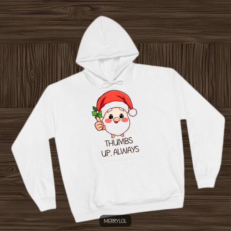 Funny hoodie with a Merry Santa hat character giving a jolly thumbs up, ideal for cozy holiday moments.