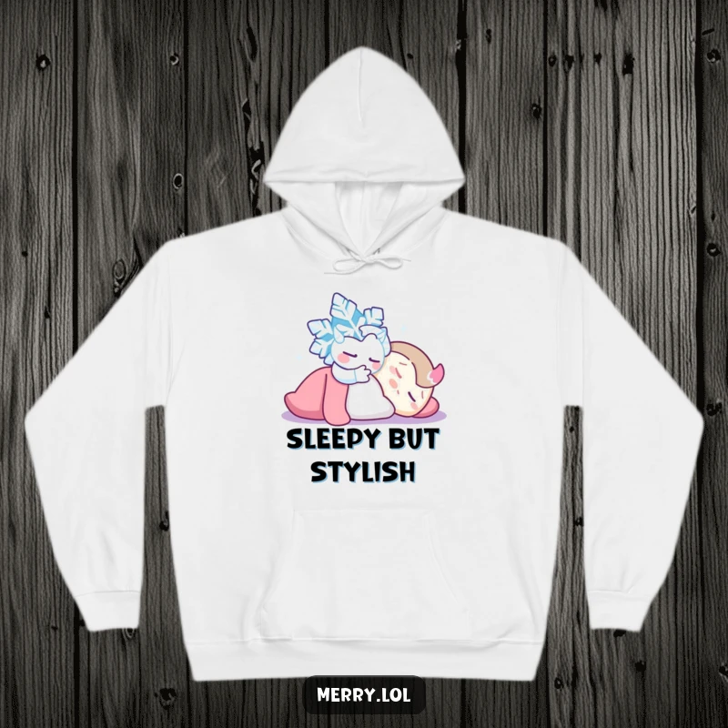 Funny Snowflake Tickle Hoodie: A sneaky snowflake tickling a sleeping friend, embodying winter's playful spirit. Warm and funny.