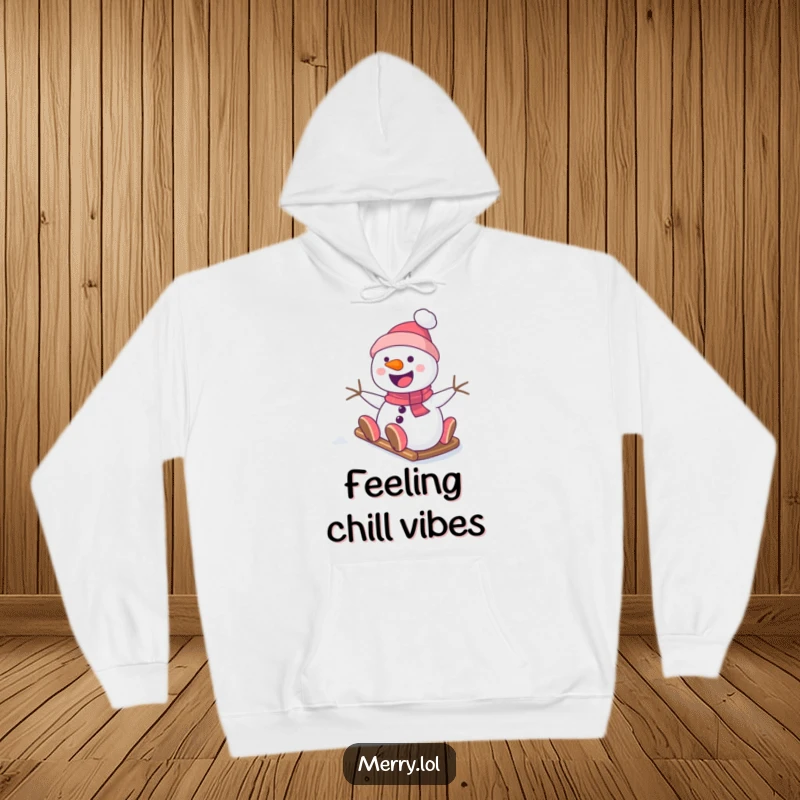 Funny Snowman Hoodie featuring a happy character sliding down a snowy hill, designed for ultimate comfort and a touch of winter magic.