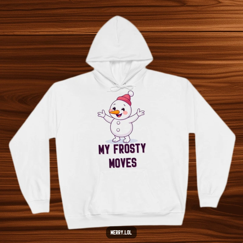 Funny hooded sweatshirt with a cheery snowman performing a clumsy jig and a carrot nose, offering cozy humor.