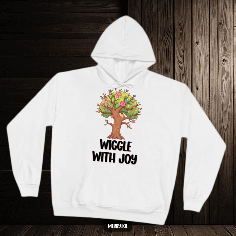 Funny Decorated Tree Hoodie, a cozy character wiggling its branches, perfect for festive lounging.