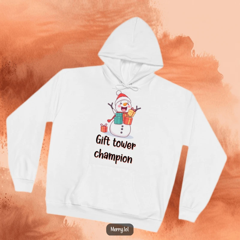 Funny hoodie with a comical snowman attempting to balance a tall stack of Christmas gifts, spreading holiday cheer.