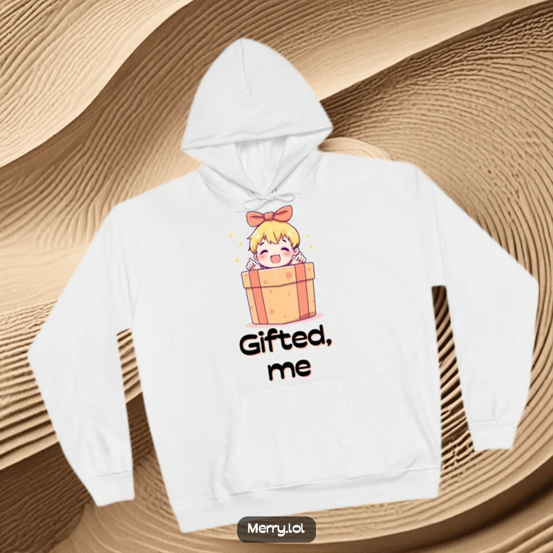 Funny hoodie showcasing an excited child character opening a large, brightly wrapped gift box, offering warmth and a touch of celebratory fun.