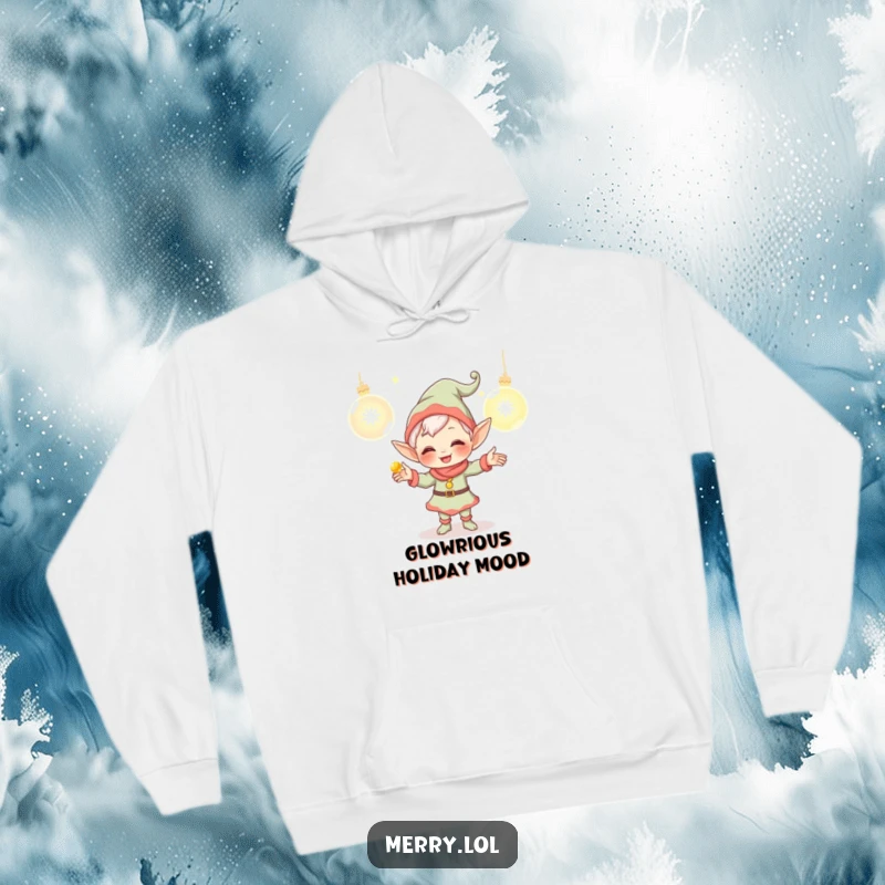 Funny Elf Hoodie featuring a giggling character juggling glowing ornaments, designed for ultimate comfort and a touch of holiday magic.