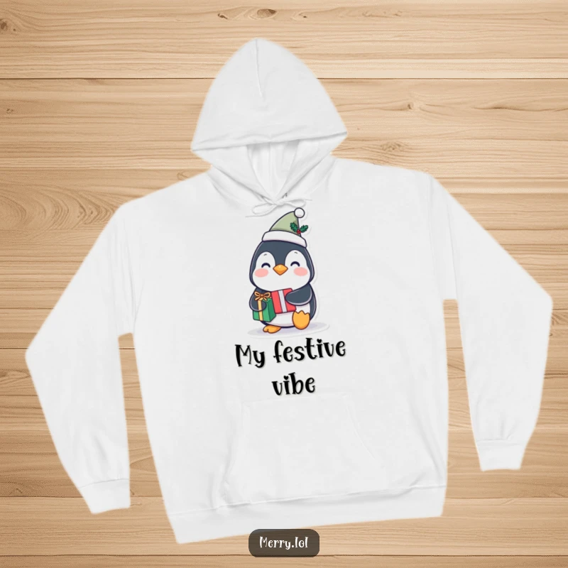 Funny hooded sweatshirt with a joyful penguin wearing a tiny festive hat and holding a gift, offering cozy humor.
