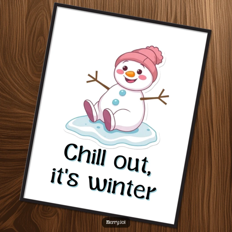 Funny free printable wall art of a smiling snowman character comically slipping on ice, bringing a touch of winter fun to any space.