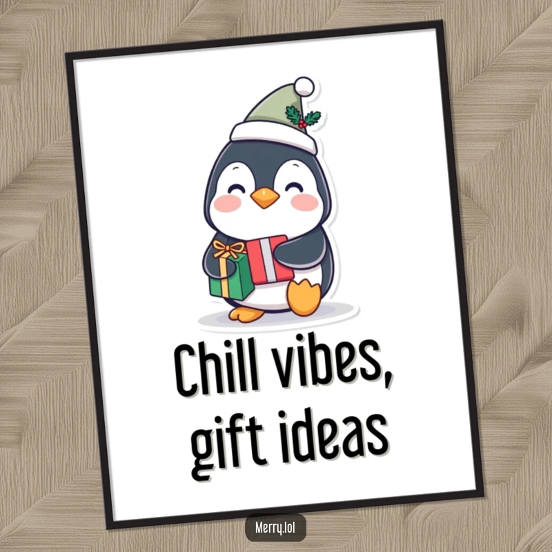 Funny Free Printable Wall Art: A joyful penguin character wearing a tiny festive hat and holding a gift, ready for celebration