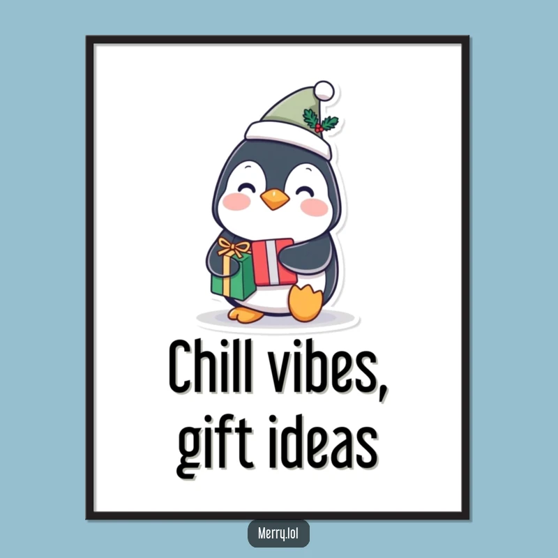 Free Printable Wall Art: Festive Penguin with Gift - Funny Holiday Decor, Downloadable Art