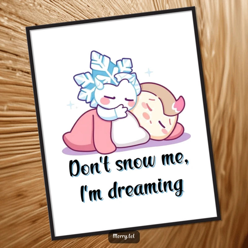 Funny Free Printable Wall Art: A mischievous snowflake character tickling a peacefully sleeping character with a smile.