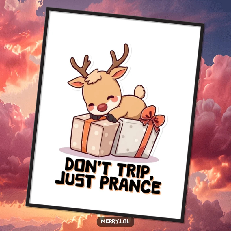 Funny free printable wall art showcasing a reindeer character playfully tripping over a gift, adding a touch of whimsical holiday cheer.
