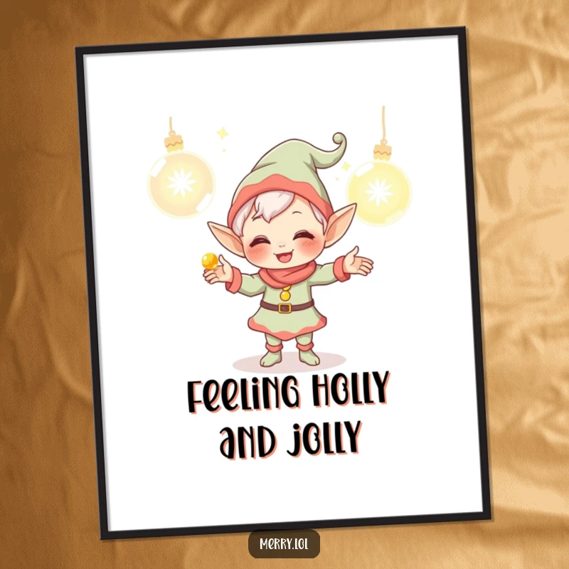 Funny Free Printable Wall Art: A giggling elf performs a dazzling juggling act with glowing ornaments, creating festive cheer.