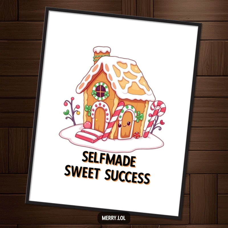 Funny Free Printable Wall Art: Gingerbread house character with a sly grin, sneaking a treat from its candy cane chimney.