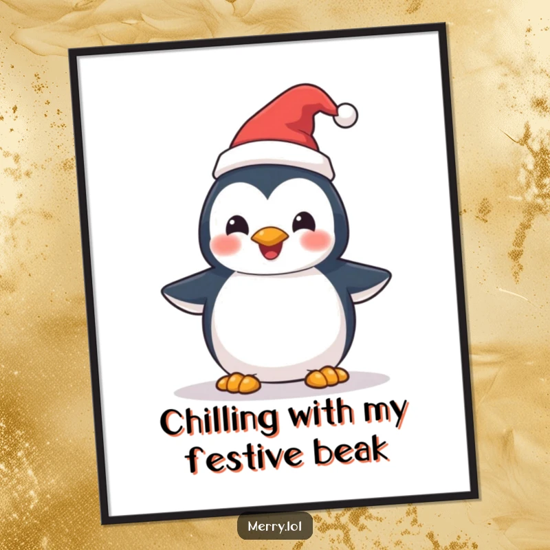 Funny Free Printable Penguin Wall Art: A delighted penguin wearing a tiny Santa hat, radiating festive joy.